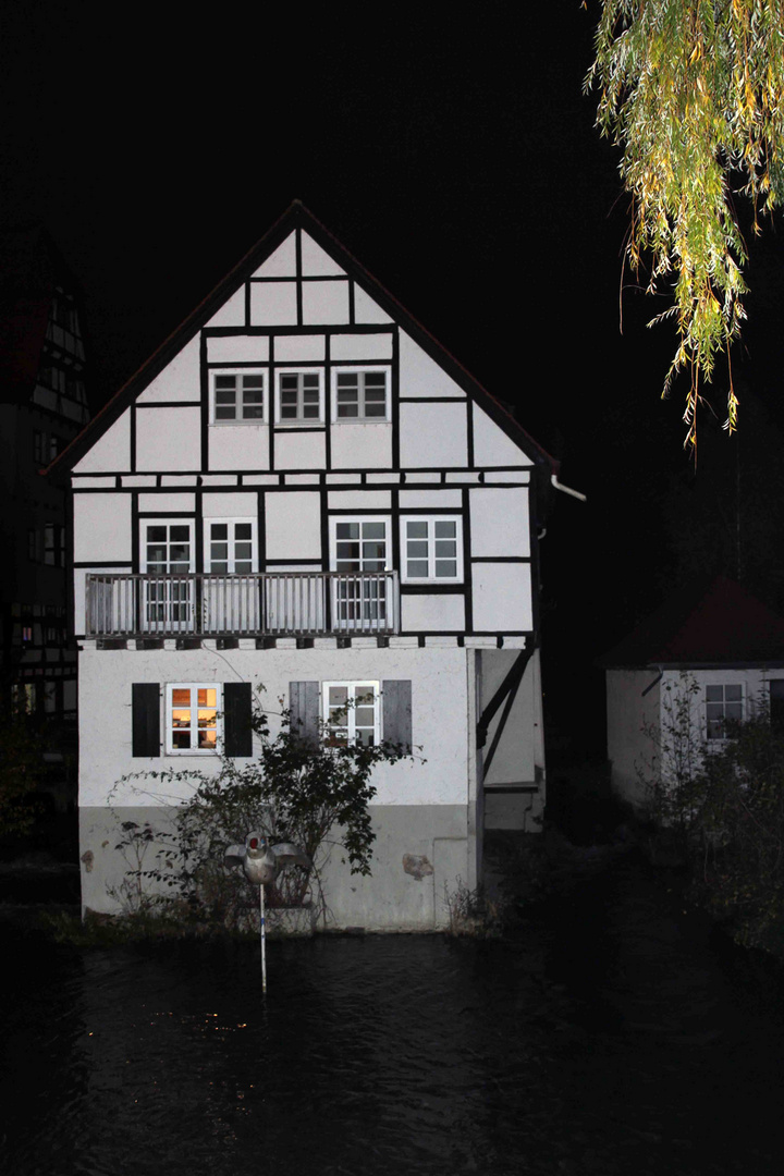 Haus im Ulmer Fischerviertel bei Nacht