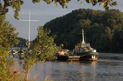 Hausboot in der Frühsonne, Rhein bei Bornheim-Hersel, 13.08.2007