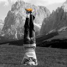 Headstand in Front of the Langkofel Mountain Italy