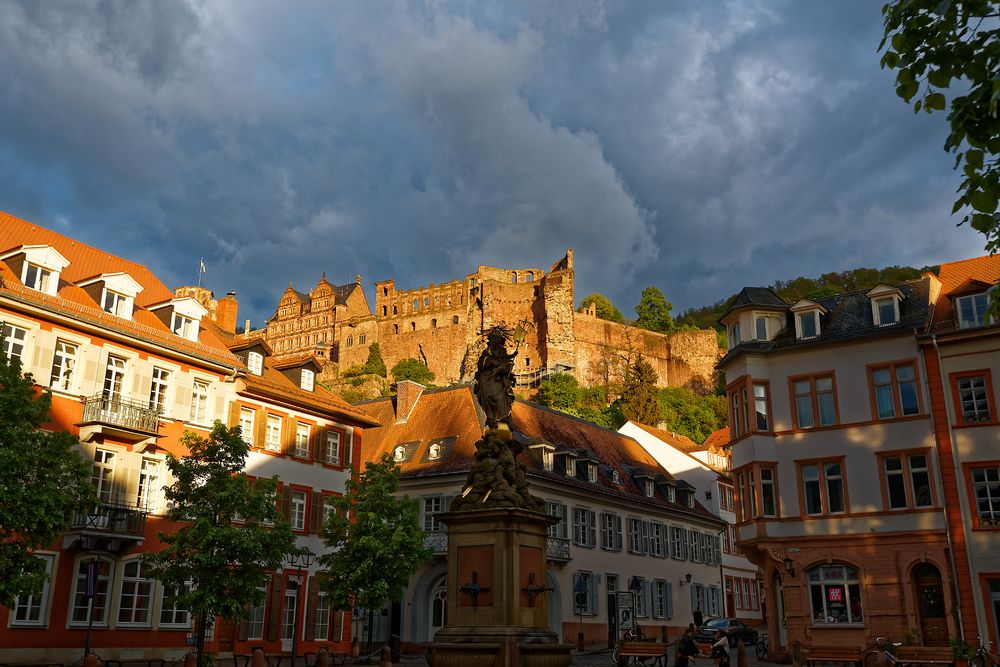 Heidelberger Schloss in der Abendsonne vom Kornmarkt aus