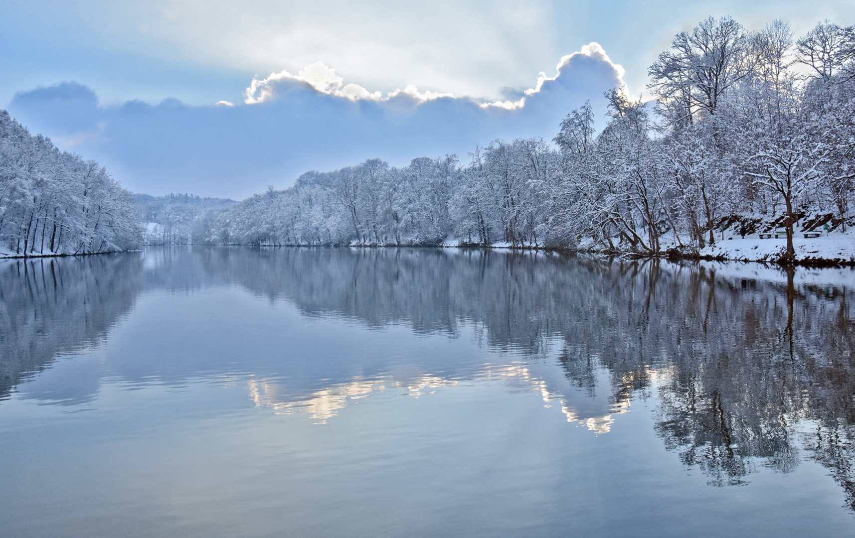 Heilenbecker Stausee mit Rauhreif auf den Bäumen....