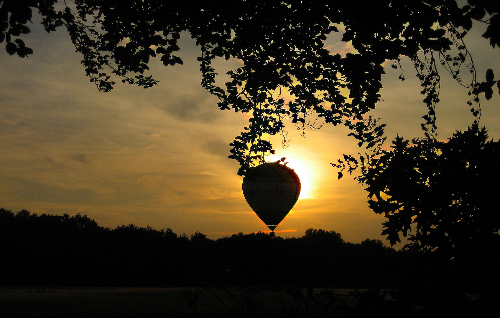 Heißluftballon vor einem Sonnenuntergang