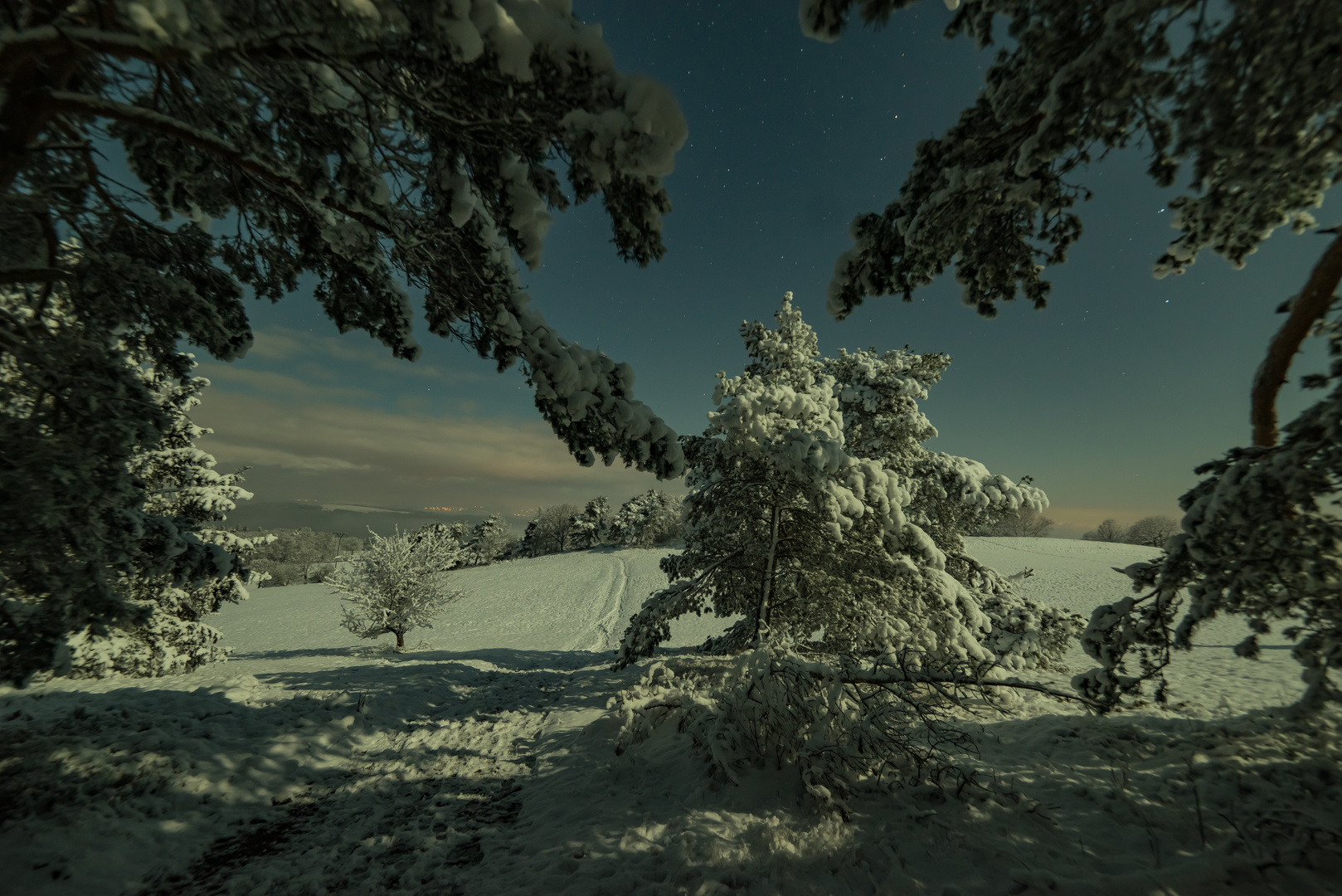 Helle Mondnacht in der verschneiten Eifel