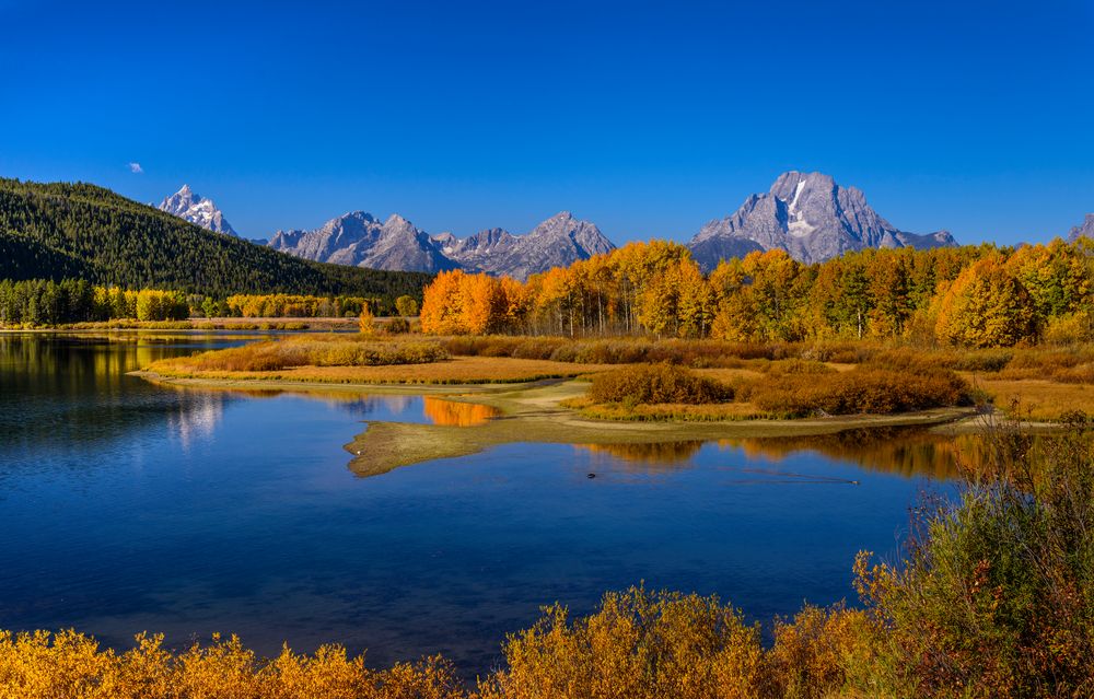 Herbstlandschaft am Oxbow Bend gegen Teton Range, Wyoming, USA