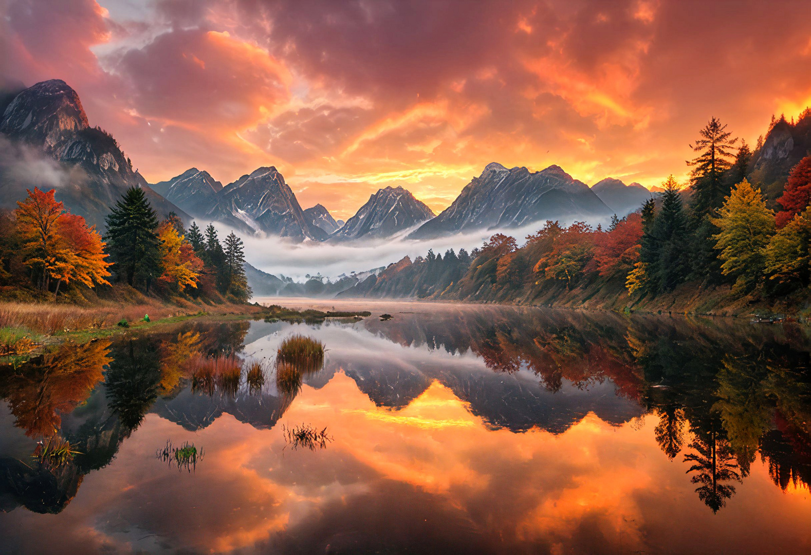 Herbstsymphonie am Bergsee (KI-Panorama)