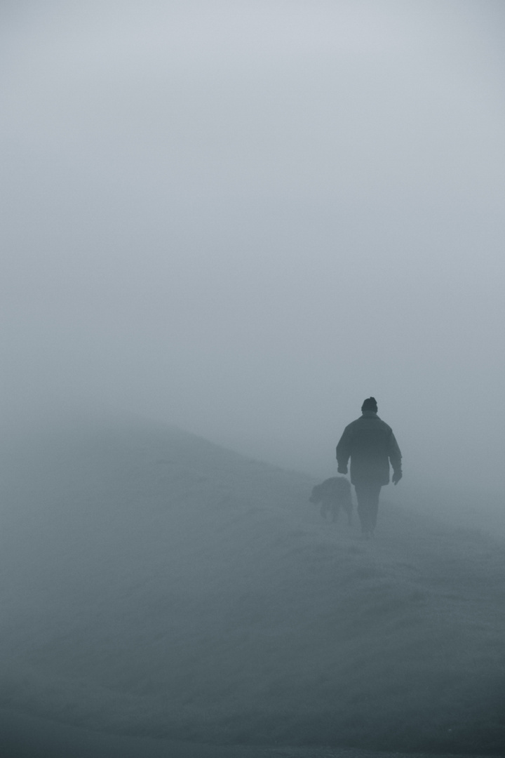 Herrchen und Hund sagen guten Morgen und verschwinden im Nebel II