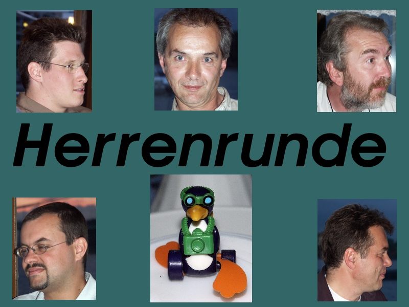 Herrenrunde mit Pinguin