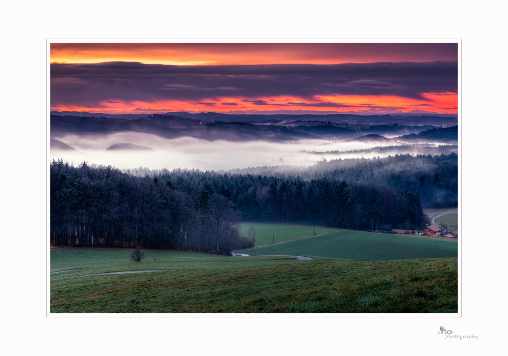 Heutiger Sonnenaufgang mit Nebel