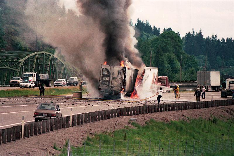 highway truck fire, oregon, us, ©1991