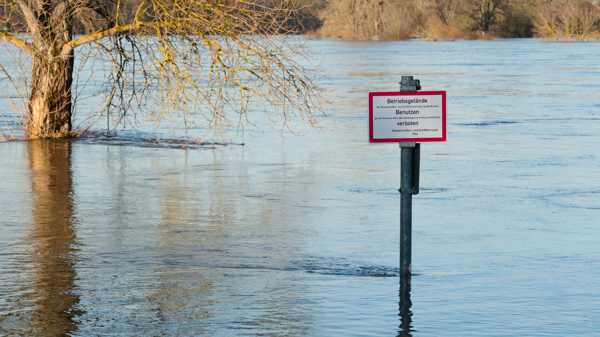 Hinweisschild im Elbehochwasser