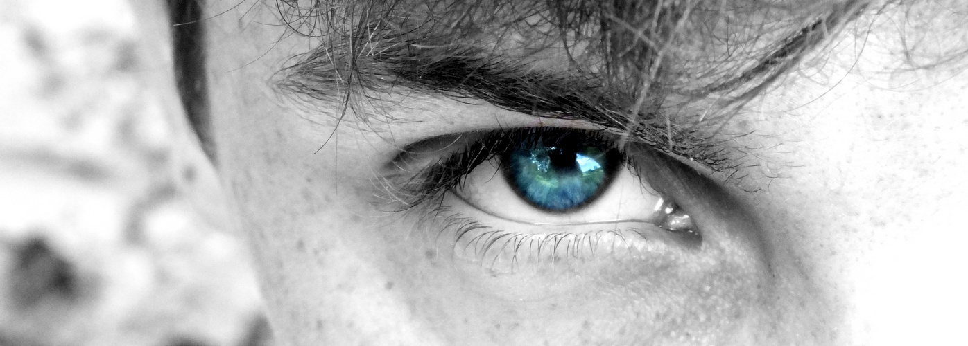 his blue eyes