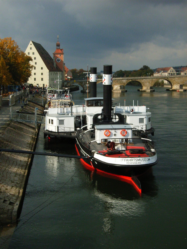 Historischer Raddampfer am Donauufer in Regensburg