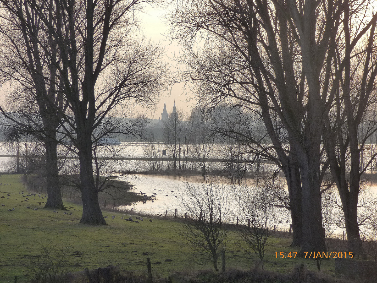 Hochwasser am Niederrhein mit Xantener Dom