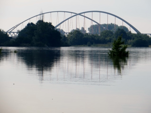 Hochwasser mit Blick auf Elbebrücke