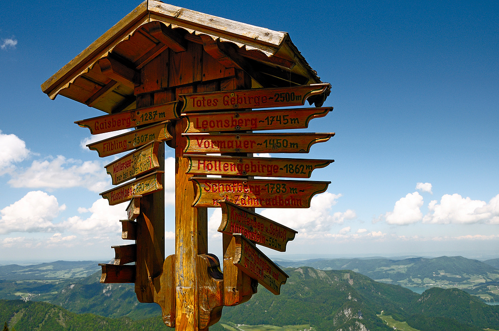 Höhenangabe und Richtung vom Zwölferhorn im Salzkammergut