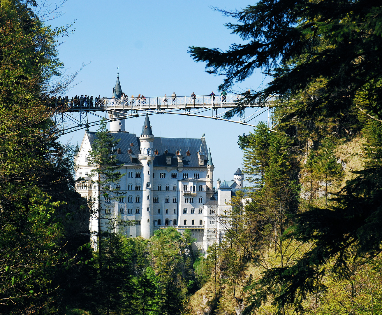 Hohenschwangau Marienbrücke (1866) und Schloss Neuschwanstein(1886); aus der Pöllatschlucht