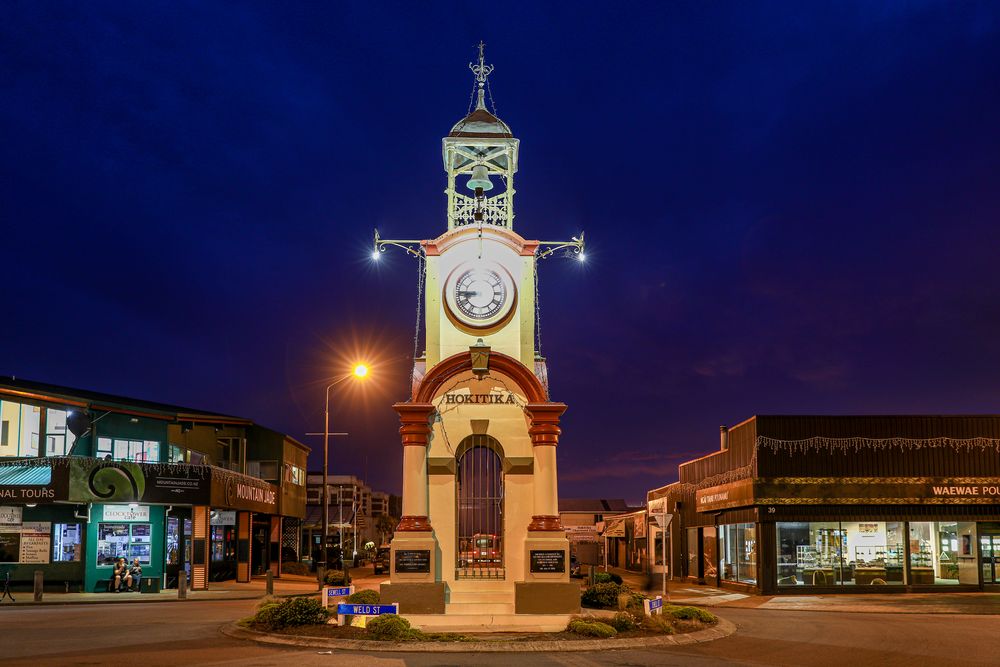 Hokitika Town Clock on March 9, 2019 at 9.45 p.m.