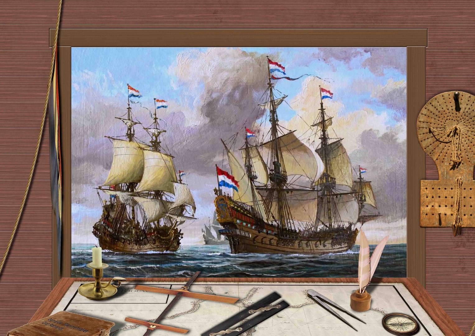 Holländischer Konvoi mit hist. Navigationsgeräten und alter Karte