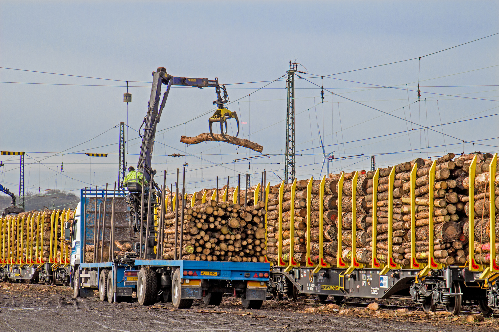 Holz verladen auf Güterzug