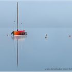 Holzboot bei Nebel in der Morgensonne auf dem Steinhuder Meer