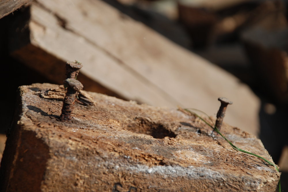 Holzklotz mit Nägeln