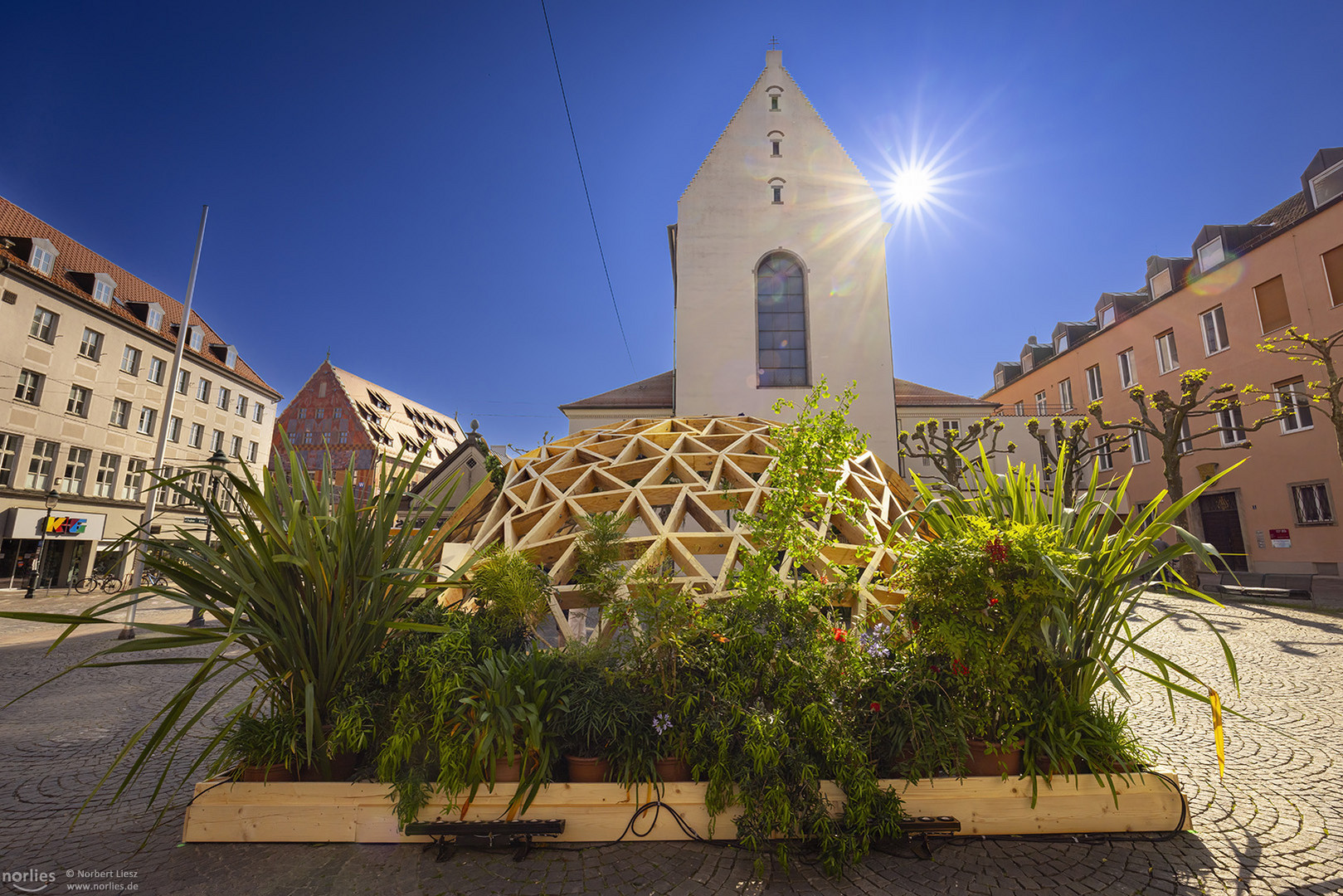 Holzkuppel und Moritzkirche im Gegenlicht