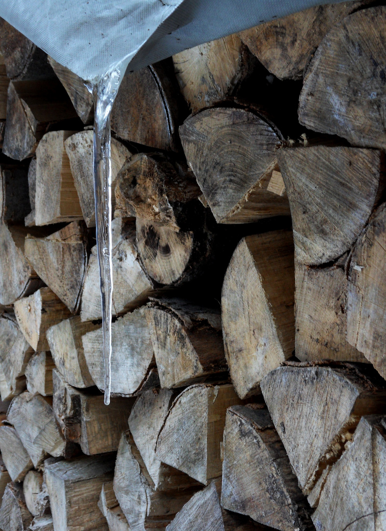 Holzstoß mit Eiszapfen