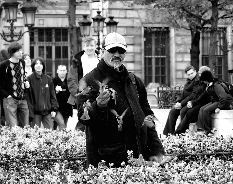 Homme nourissant les oiseaux, version noir et blanc