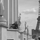 Homme. Statues. Tour Eiffel.