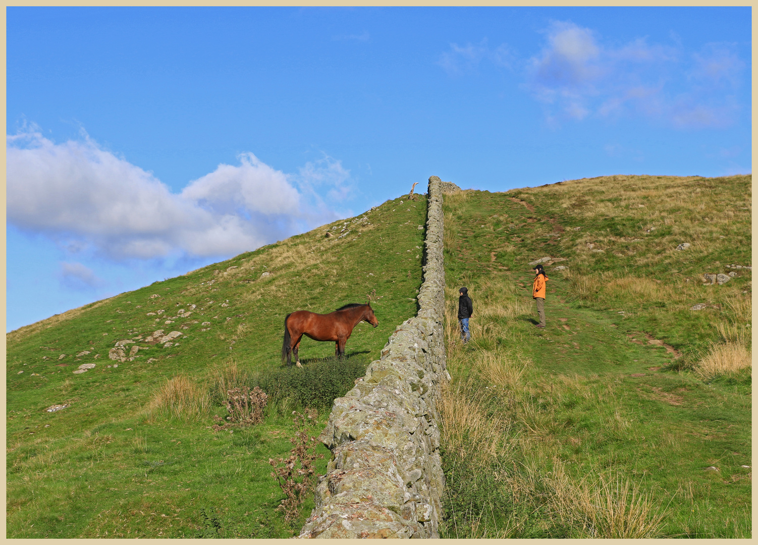 horse and chinese tourists on the Roman Wall