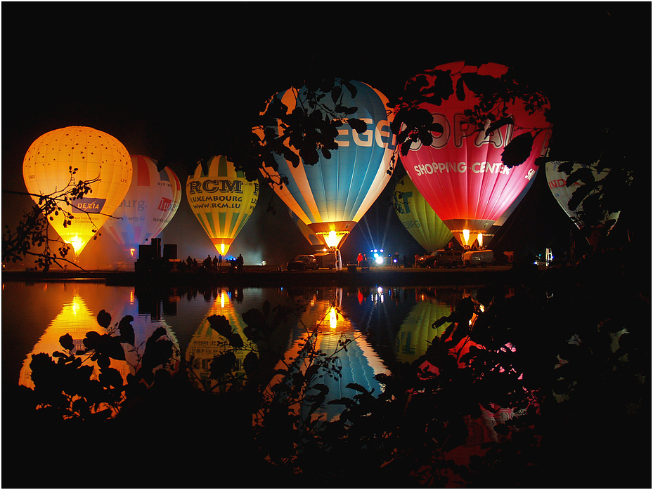 hot air balloon night glow ,vu à travers les arbres