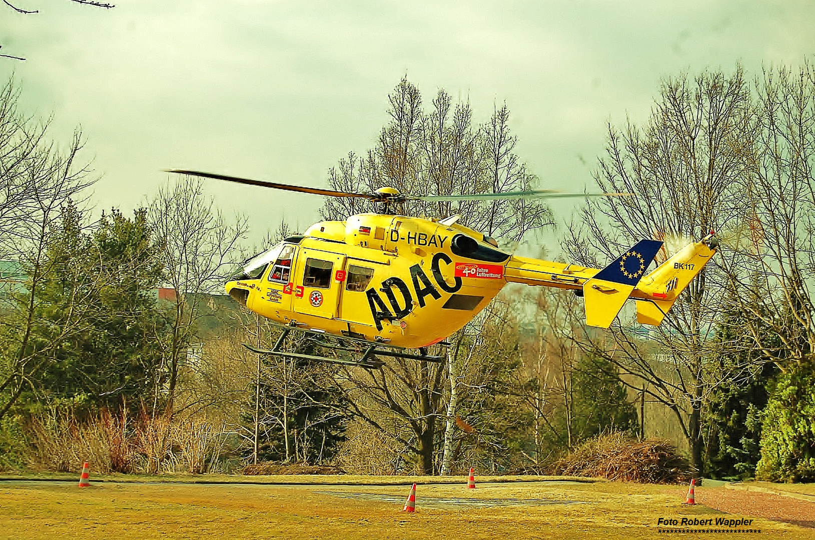 Hubschrauber Christoph 62 Start am Kreiskrankenhaus Stollberg