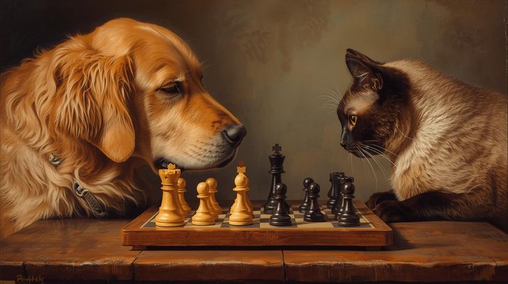 Hund gegen. Katze beim Schachspiel