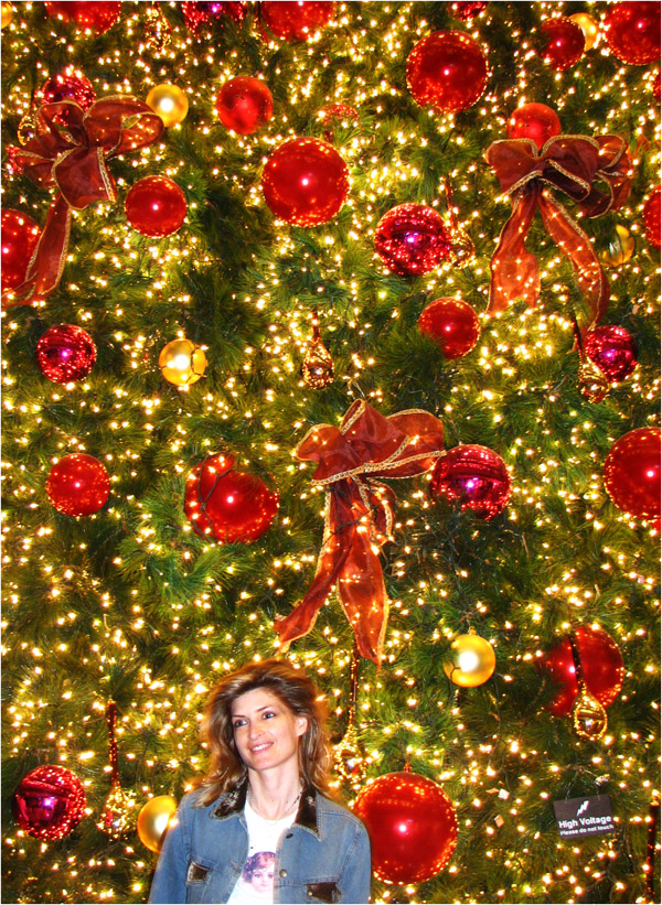 i saw her standing in front of huge x-mass tree in Singapore