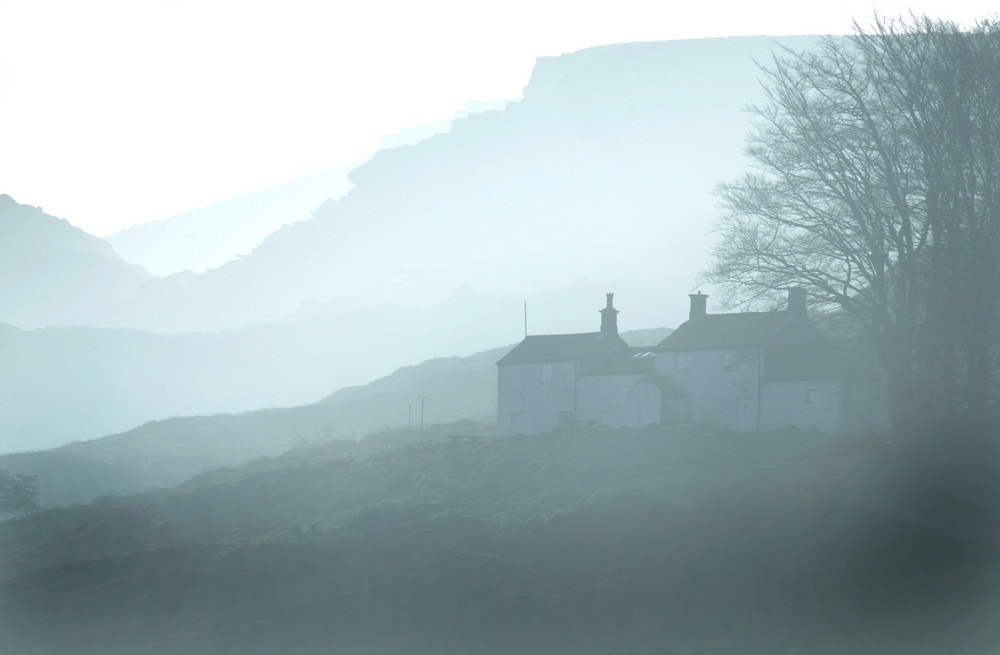 Ikley Moor Bathhouse on a misty morn