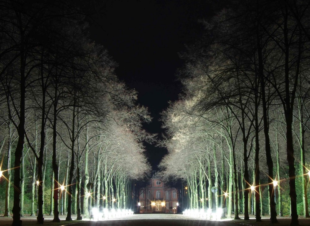 Illuminierte Bänke an der Jägerhofallee im Hofgarten mit Blick auf Schloss Jägerhof, Düsseldorf