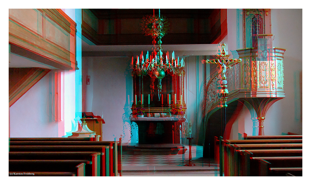 Im Inneren der Kirche in Insingen/Franken in 3D (Rot/Cyan)