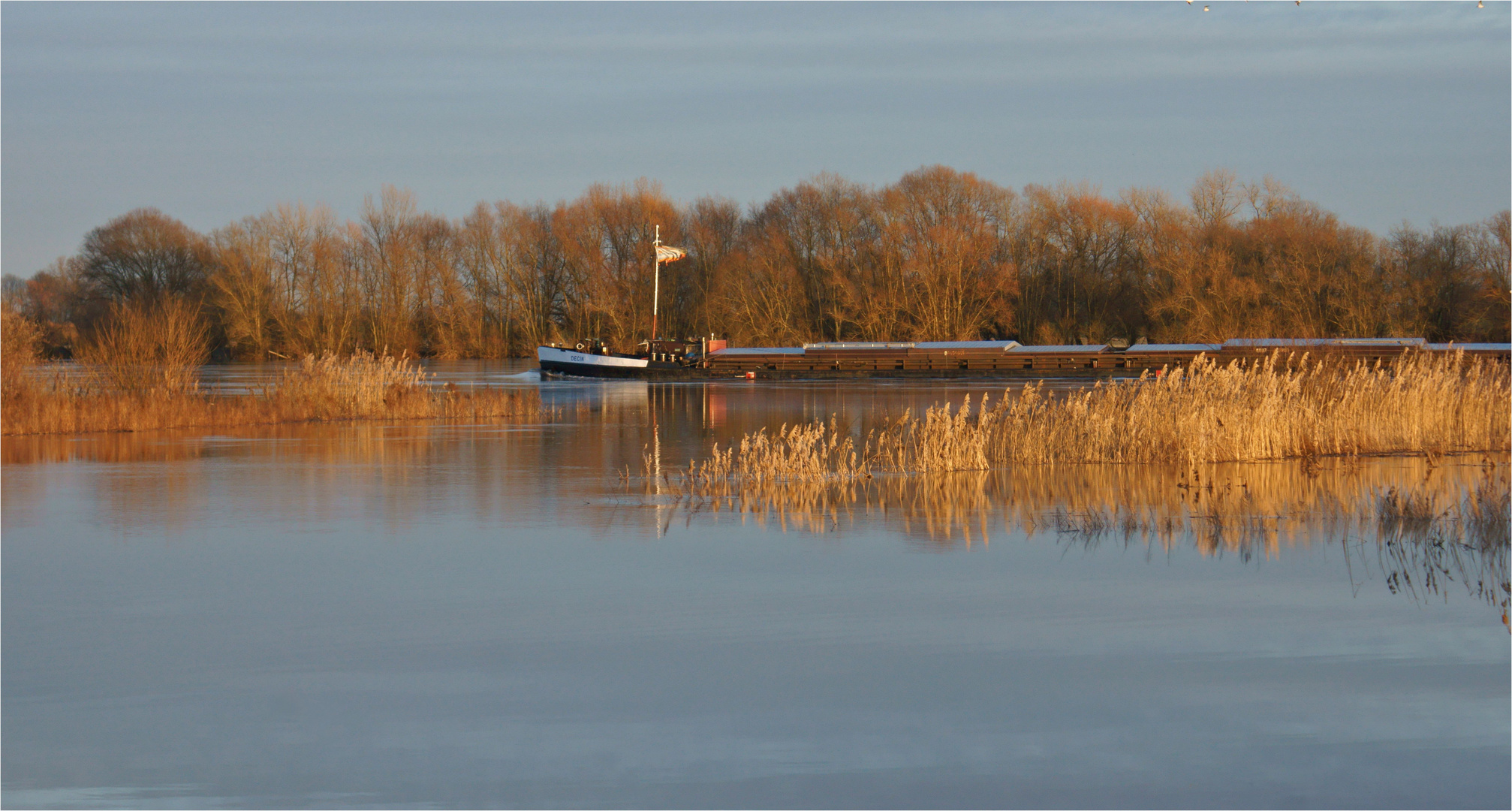 Im Sonnen- untergang... ( Schiff auf der Elbe)