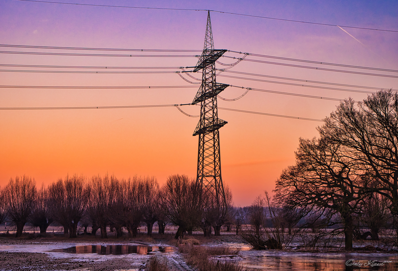 In den gefrorenen Rheinauen vor Sonnenaufgang