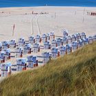 In einer Reihe Strandkörbe mit Beachvolleyballplatz