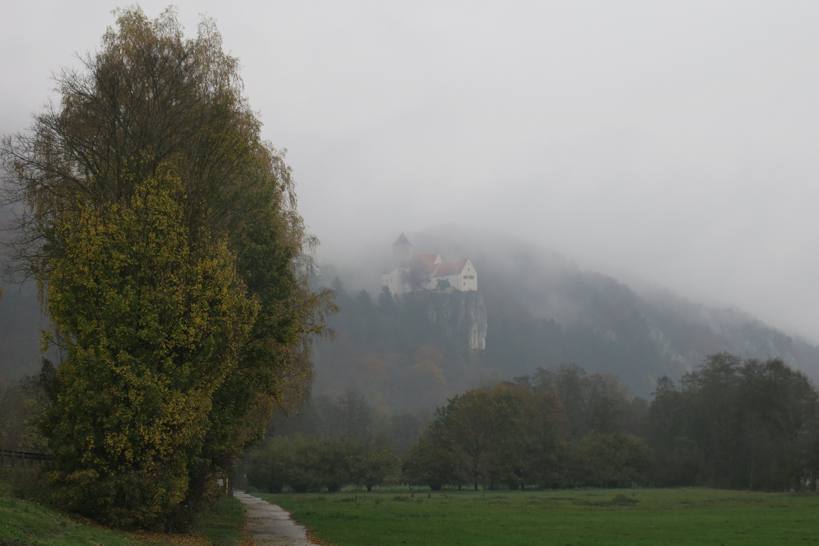 In Nebel getauchte Burg Prunn