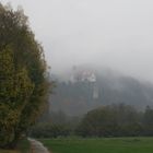 In Nebel getauchte Burg Prunn
