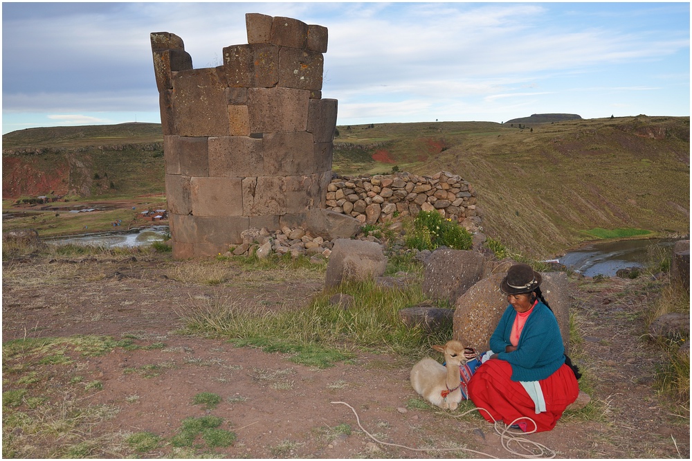 Indigena mit Baby-Vicuña