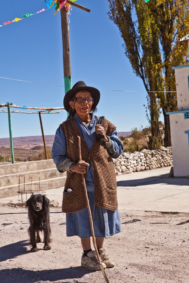 Indio-Frau mit Hund im Altiplano