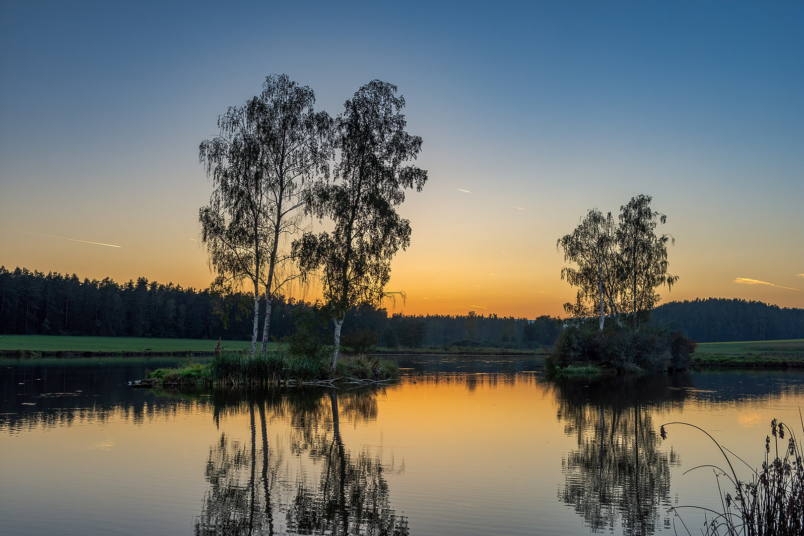 Inseln im Fischweiher bei Sonnenuntergang