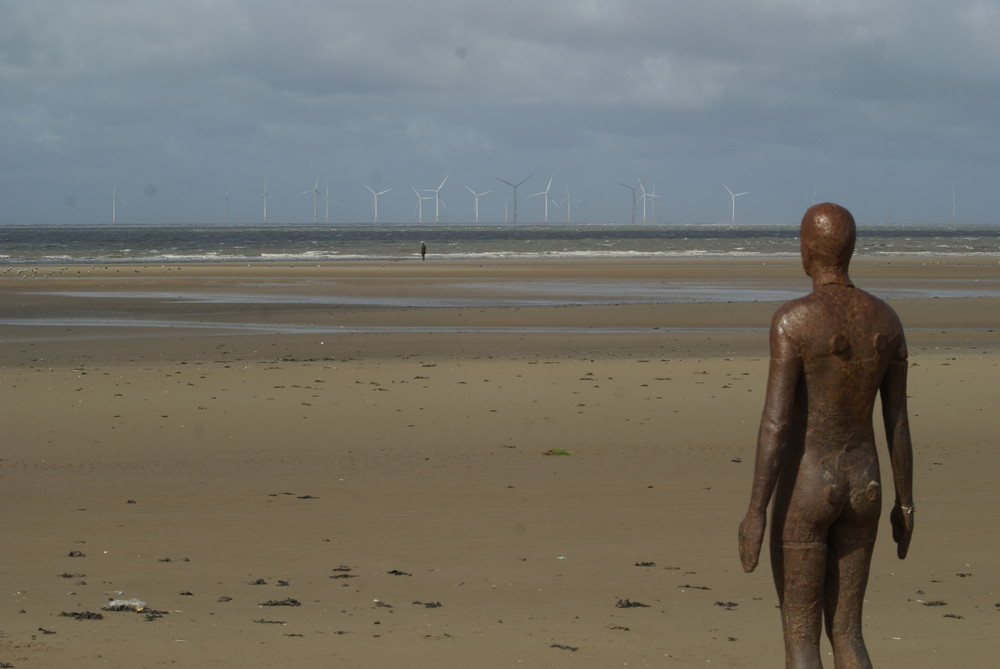 Iron Man looking at the wind turbines