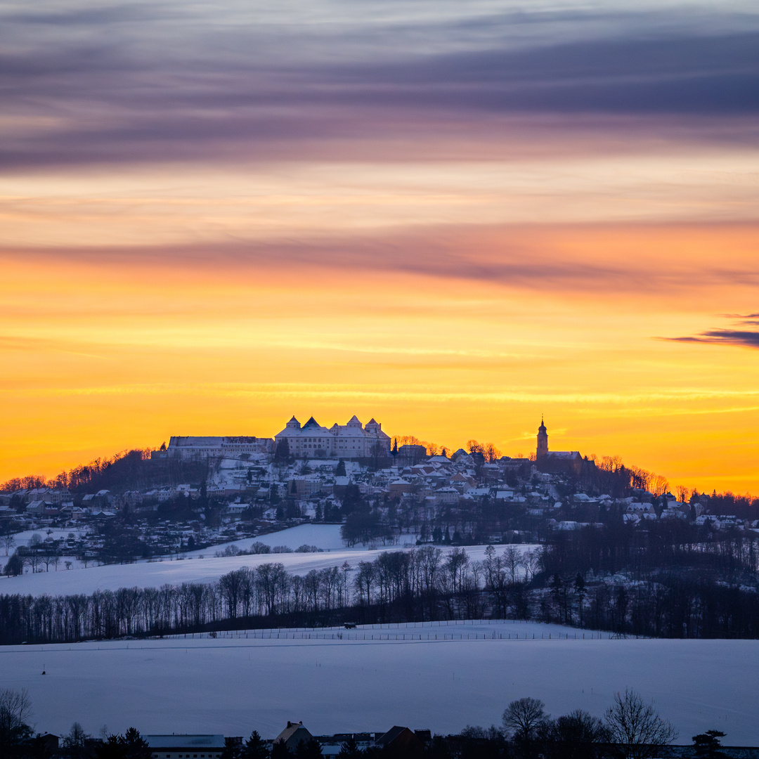 Jagdschloss Augustusburg im Sonnenuntergang