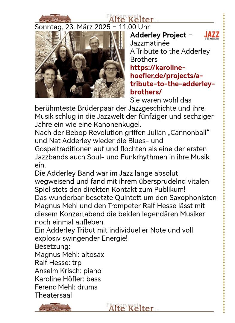 JAZZ Konzert 23März25 WN Hinweis Mehl/Adderley Winnenden p30-24-927-sw +Text +RFotos +Link