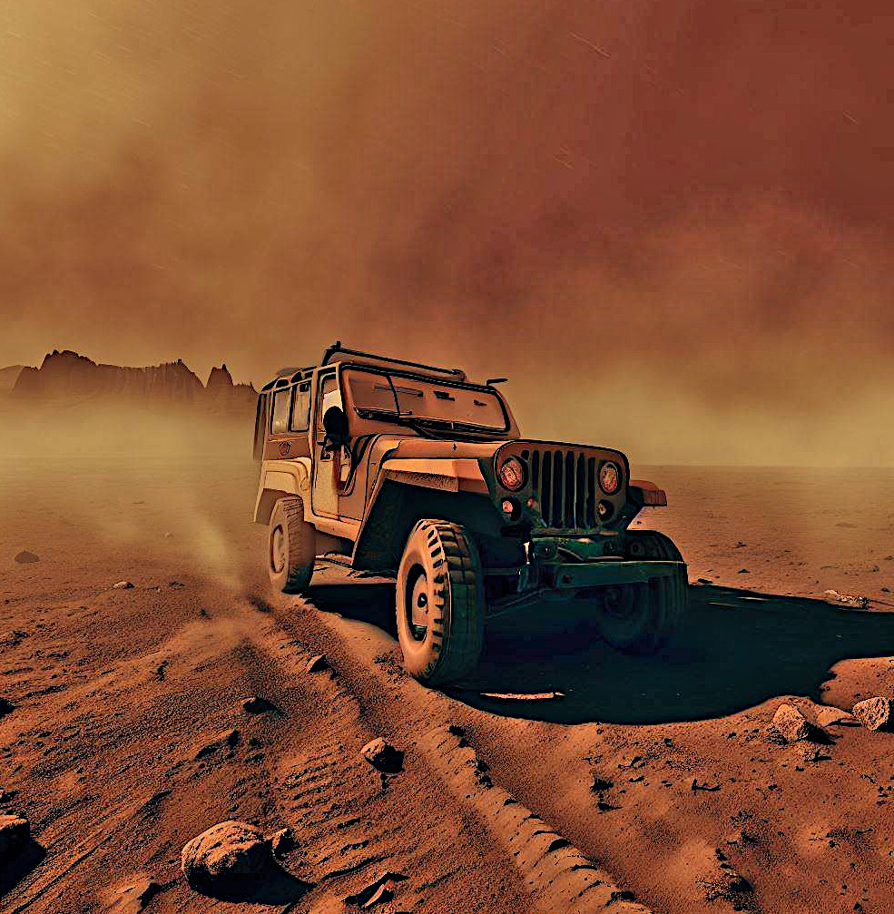 Jeep durante una tempesta di sabbia su Marte