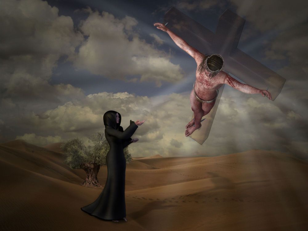 Jesus Am Kreuz Foto Bild Fotomontage Surreal Mit Poserfiguren Bilder Auf Fotocommunity